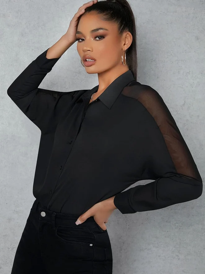 Mesh Insert Button Up Shirt Curve Hem Dressy Blouse Black by OYOANGLE, photograph 4 of 4