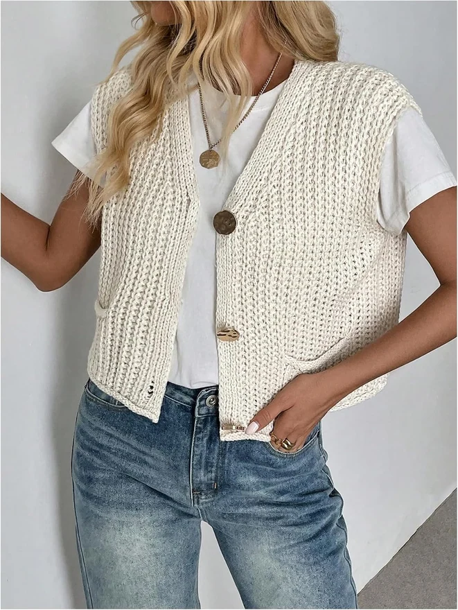 Button Up Chunky Sweater Vest Sleeveless V Neck Knitwear by OYOANGLE, photograph 2 of 4