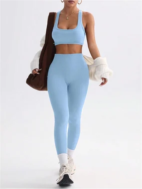 Workout Sets 2 Piece Cross Back Sports Bra Tank Top Gym Outfits in Blue