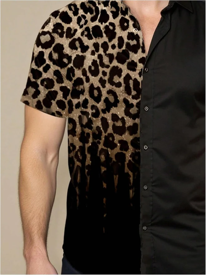 Leopard Button Down Shirts Color Block Short Sleeve Beach by OYOANGLE, photograph 4 of 4