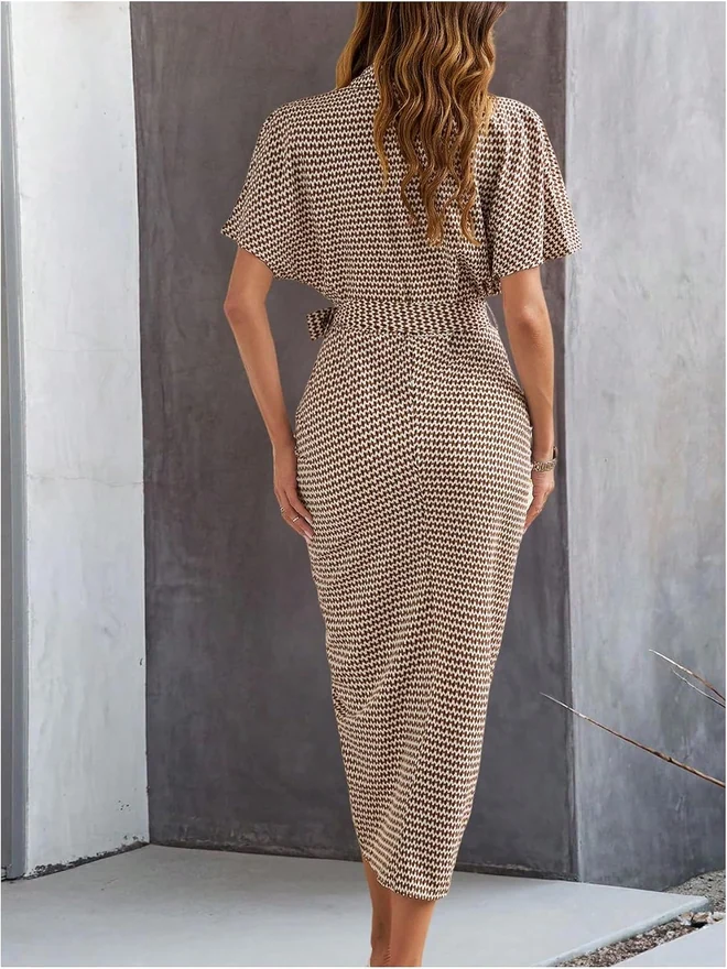 Short Sleeve Collared Dress Business Casual Midi Dresses by OYOANGLE, photograph 2 of 3