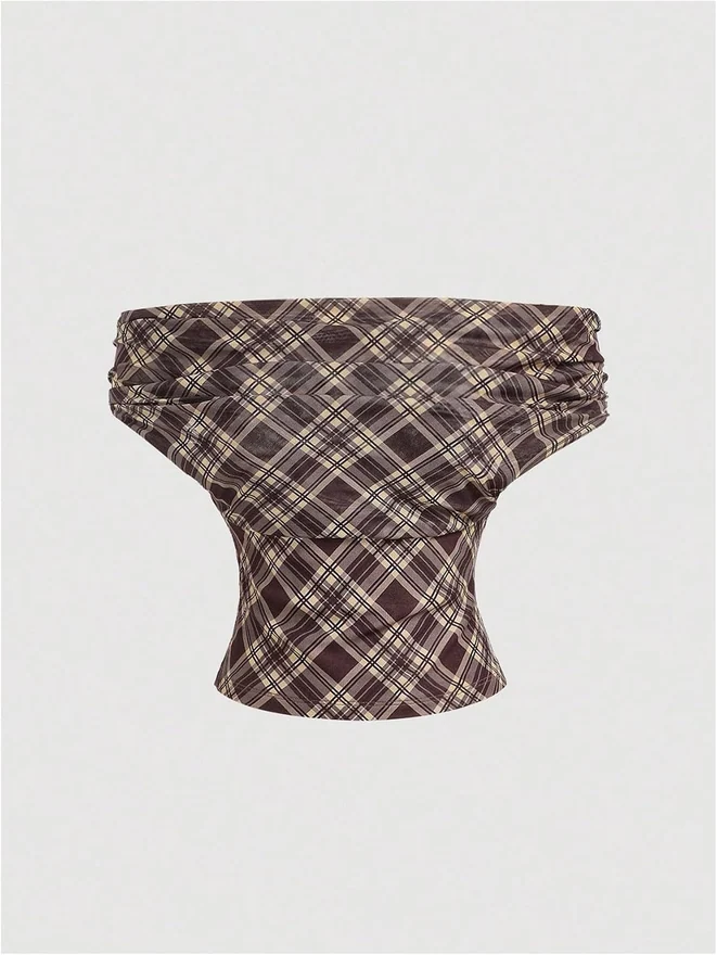 Plaid Y2k Halter Tank Tops Brown by OYOANGLE, photograph 2 of 3