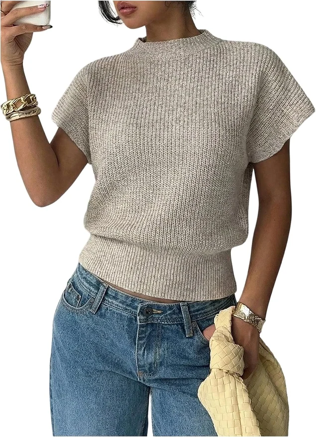 Short Sleeve Sweaters Mock Neck Dressy Pullover Knit Tops by OYOANGLE