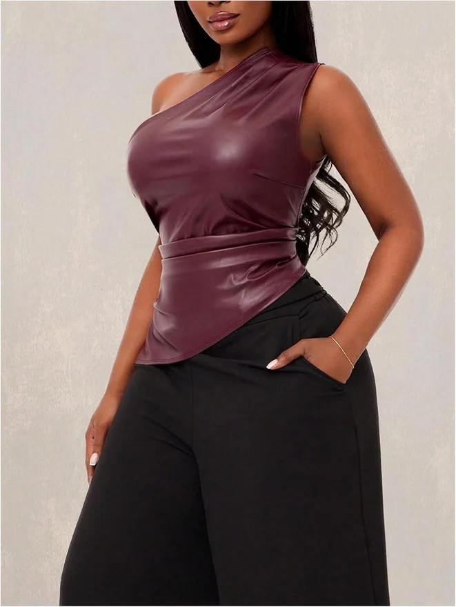 Plus Size Leather One Shoulder Tank Tops Burgundy by OYOANGLE, photograph 2 of 4