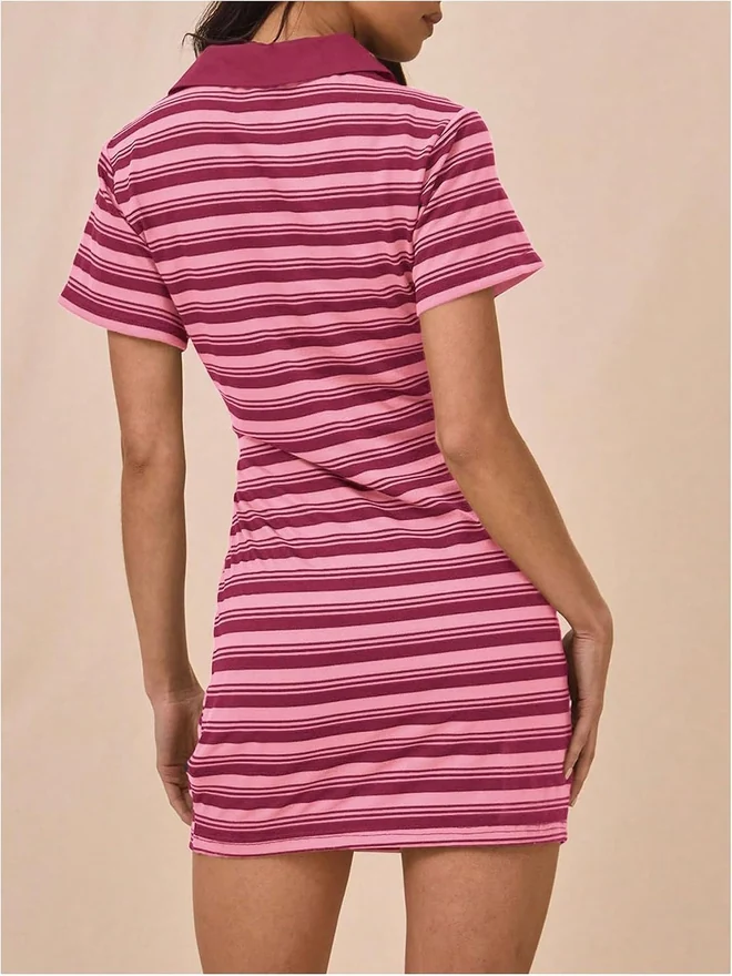 Short Sleeve Striped Shirtdress Half Button Contrast Collar Mini by OYOANGLE, photograph 3 of 3
