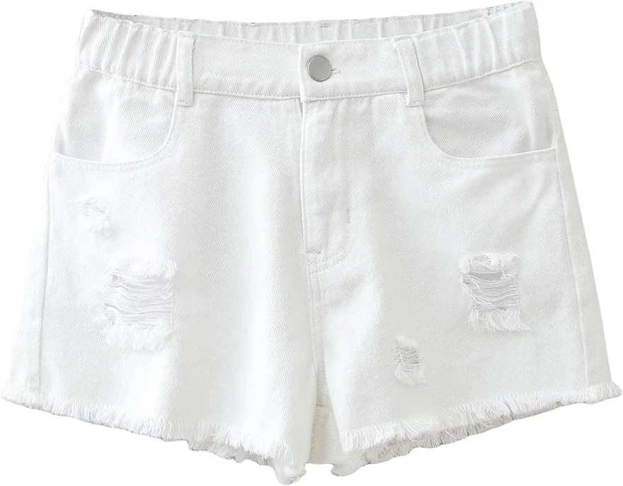 Girl's Mid Rise Ripped Raw Hem Straight Leg Jean Denim Shorts by OYOANGLE, photograph 2 of 4