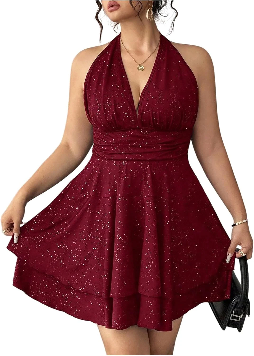 Plus Size Sequin Sparkly Sleeveless Halter Short Dress Red by OYOANGLE, photograph 1 of 4