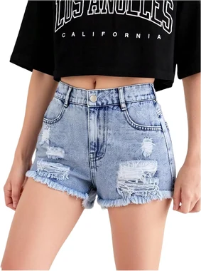 Girl's Ripped Denim Shorts Mid Rise Frayed Raw Hem Jean Shorts in Light Wash