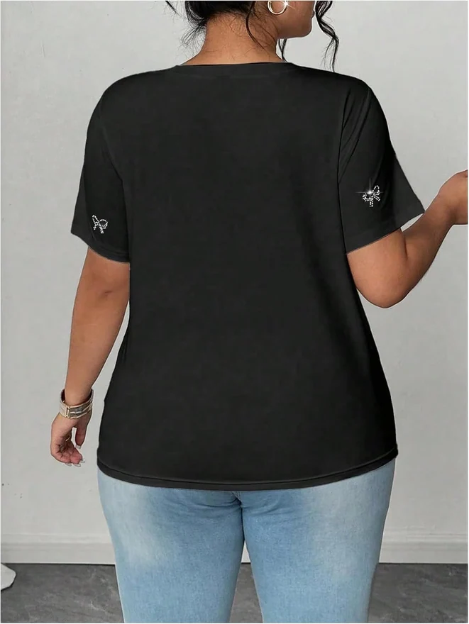 Plus Size Rhinestone Bow Top Short Sleeve Crew Neck Tee Shirts by OYOANGLE, photograph 2 of 4