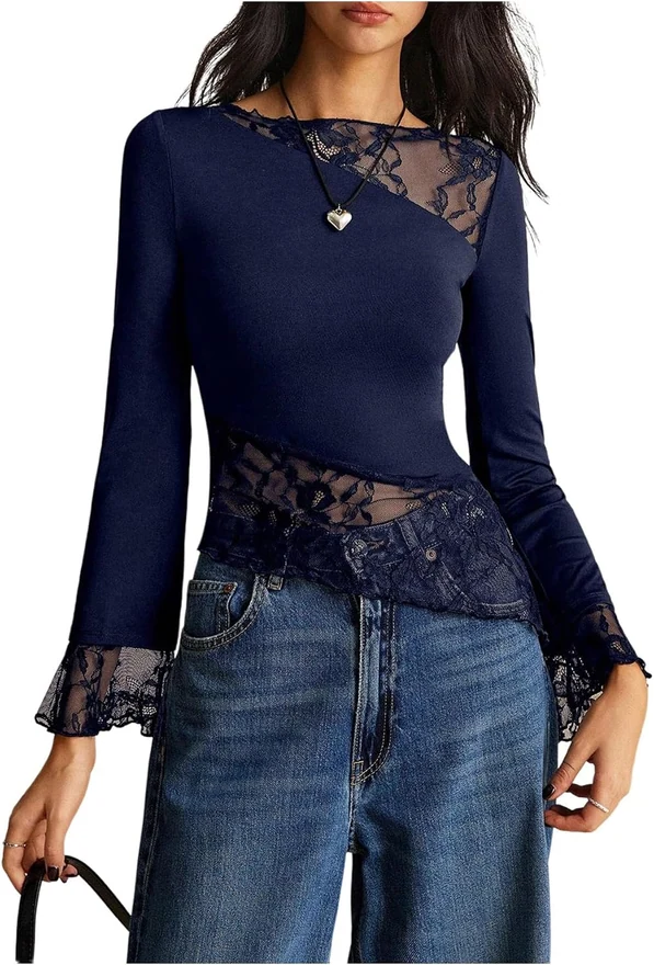 Long Sleeve Boat Neck Tops Deep Blue by OYOANGLE