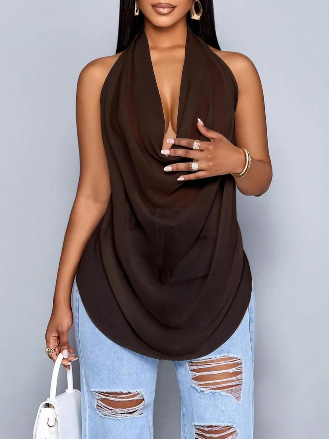Cowl Neck Halter Tops for Women Backless See Through Draped Top by OYOANGLE, photograph 3 of 4