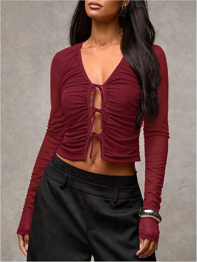 Tie Front Long Sleeve Shirt Y2k Crop Top Cut Out Fitted Mesh by OYOANGLE, photograph 3 of 4
