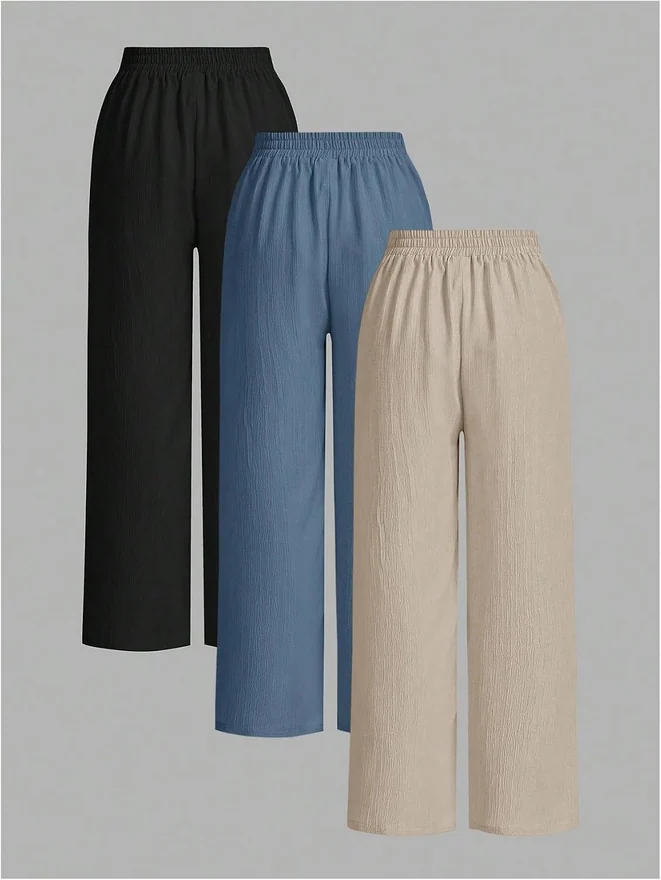 3 Pack Textured Drawstring High Waisted Travel Pants Loose Wide by OYOANGLE, photograph 2 of 4