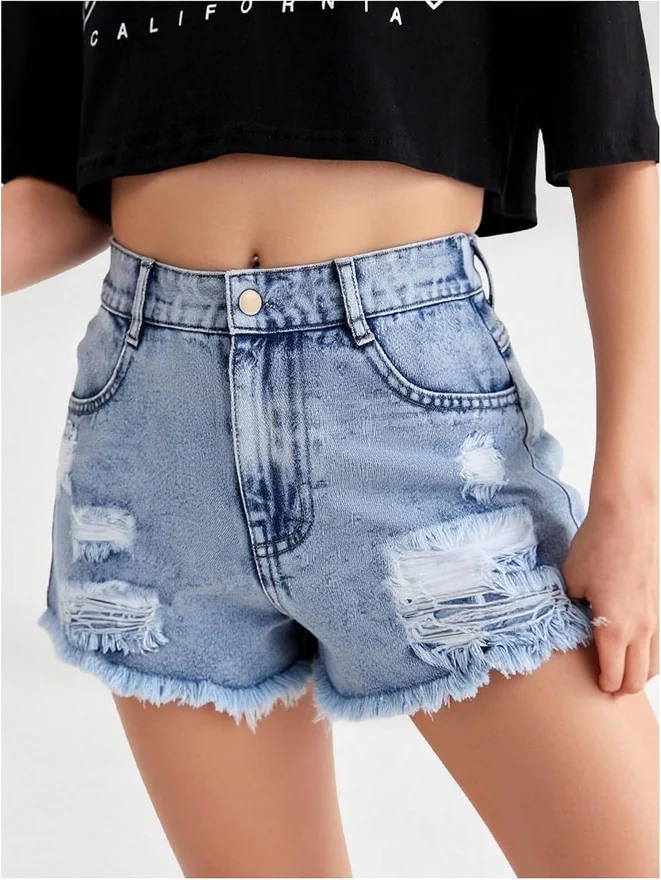 Girl's Ripped Denim Shorts Mid Rise Frayed Raw Hem Jean Shorts by OYOANGLE, photograph 2 of 4