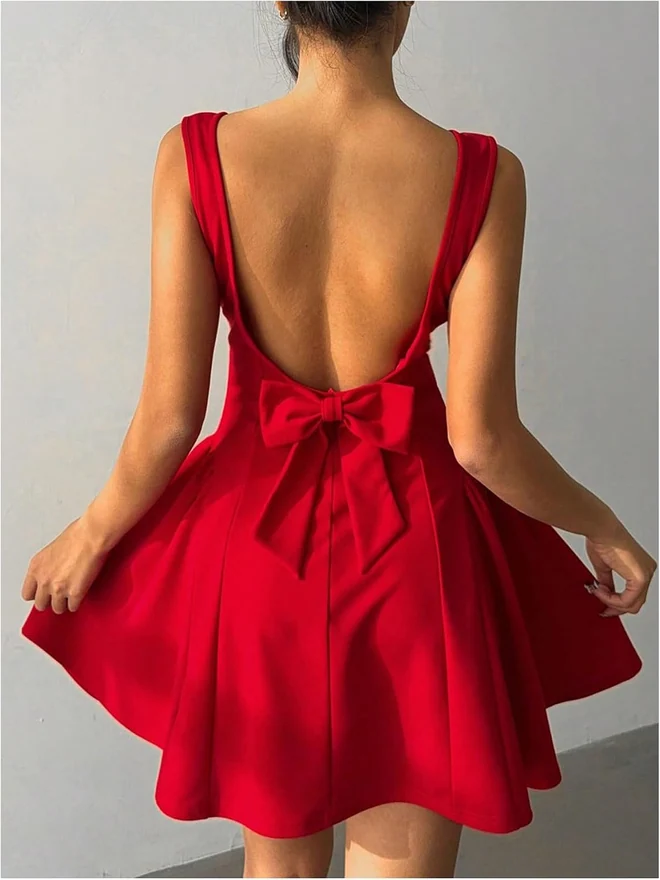 Open Back Bow Mini Ruffle Dress Square Neck Sleeveless Short by OYOANGLE, photograph 4 of 4
