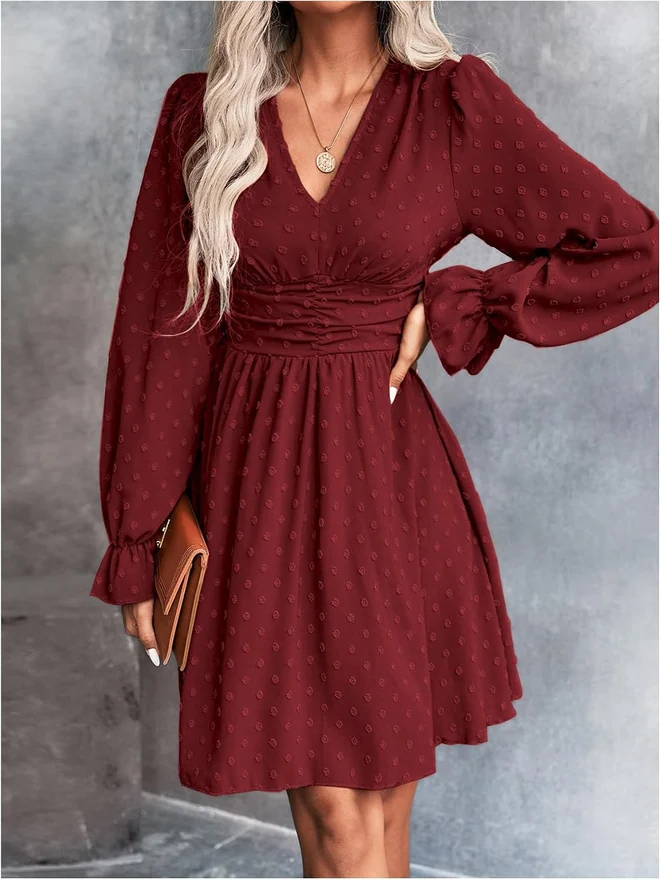 Long Sleeve Swiss Dots Ruffle Short Dresses Red by OYOANGLE, photograph 4 of 4