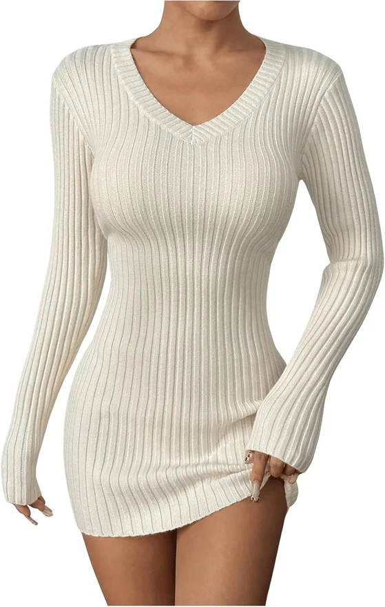 Ribbed Knit Bodycon Sweater Dress Deep V Neck Long Sleeve Skinny by OYOANGLE