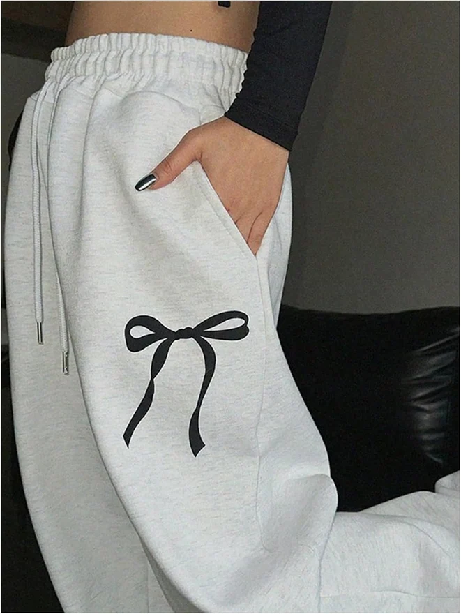 Plus Size Sweatpants Bow Graphic Drawstring Waist Workout by OYOANGLE, photograph 3 of 3