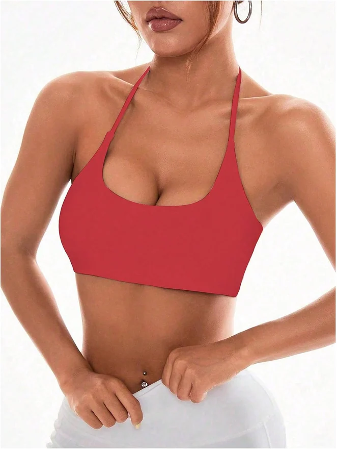 Halter Sports Bra Padded Workout Backless Yoga Bras Red by OYOANGLE, photograph 2 of 4