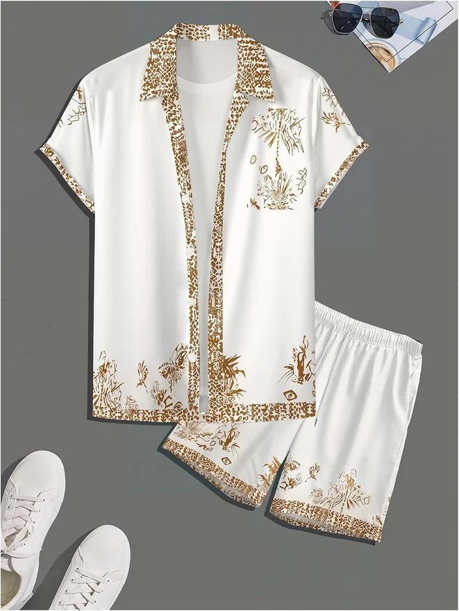 2 Piece Vacation Outfits Tropical Hawaiian Button Down Collared by OYOANGLE