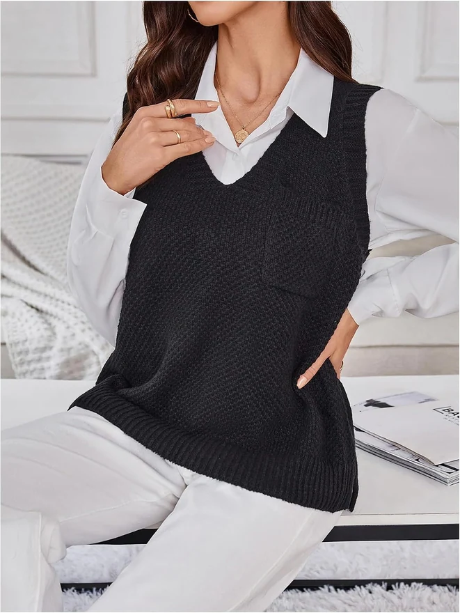 Sweater Vest V Neck Chest Pocket Side Slit Sleeveless Sweater by OYOANGLE, photograph 3 of 3