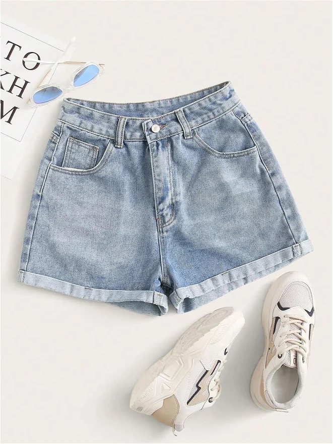 Denim High Rise Zipper Fly Rolled Hem Jean Shorts by OYOANGLE, photograph 2 of 4