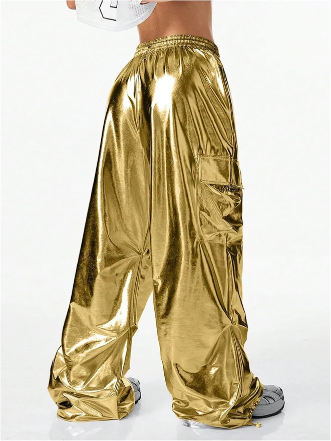 Metallic Pants High Waisted Y2K Cargo Pants Streetwear by OYOANGLE, photograph 2 of 3