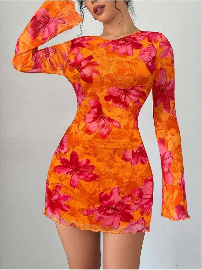 Mini Dress Tropical Floral Print Long Sleeve Short Dress Y2K by OYOANGLE, photograph 3 of 3