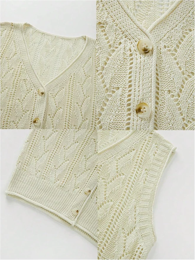 Button Down Sweater Vest Boho Crochet Hollow Out V Neck by OYOANGLE, photograph 4 of 4
