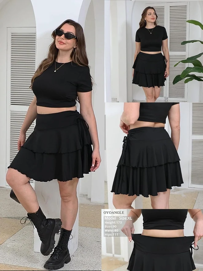 Plus Size High Waisted Y2K A Line Ruffle Skorts Mini Skirt by OYOANGLE, photograph 2 of 4