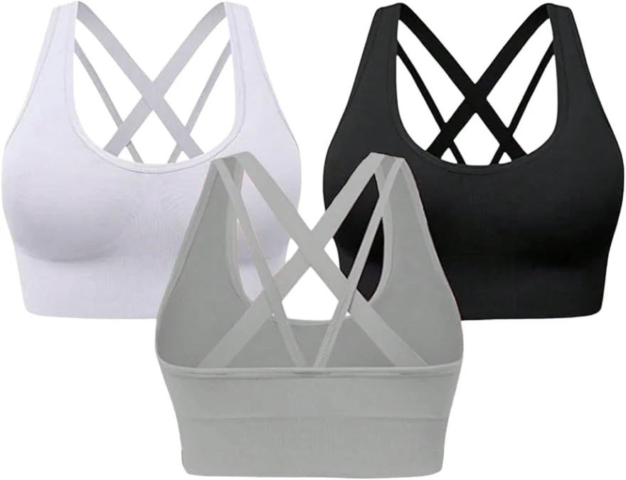 3 Pack Sports Bras Criss Cross Strappy Padded Light Support Gym by OYOANGLE