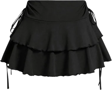 Plus Size High Waisted Y2K A Line Ruffle Skorts Mini Skirt in Black