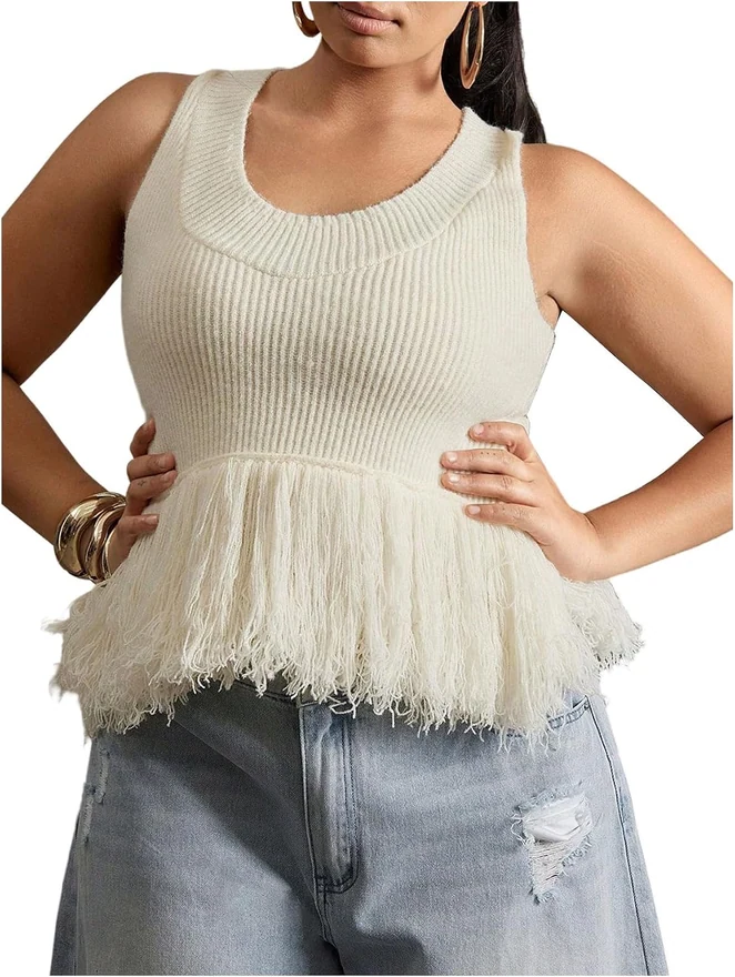 Plus Size Sweater Vest Fringe Knit Tank Top Beige by OYOANGLE