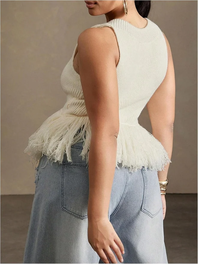 Plus Size Sweater Vest Fringe Knit Tank Top Beige by OYOANGLE, photograph 3 of 4