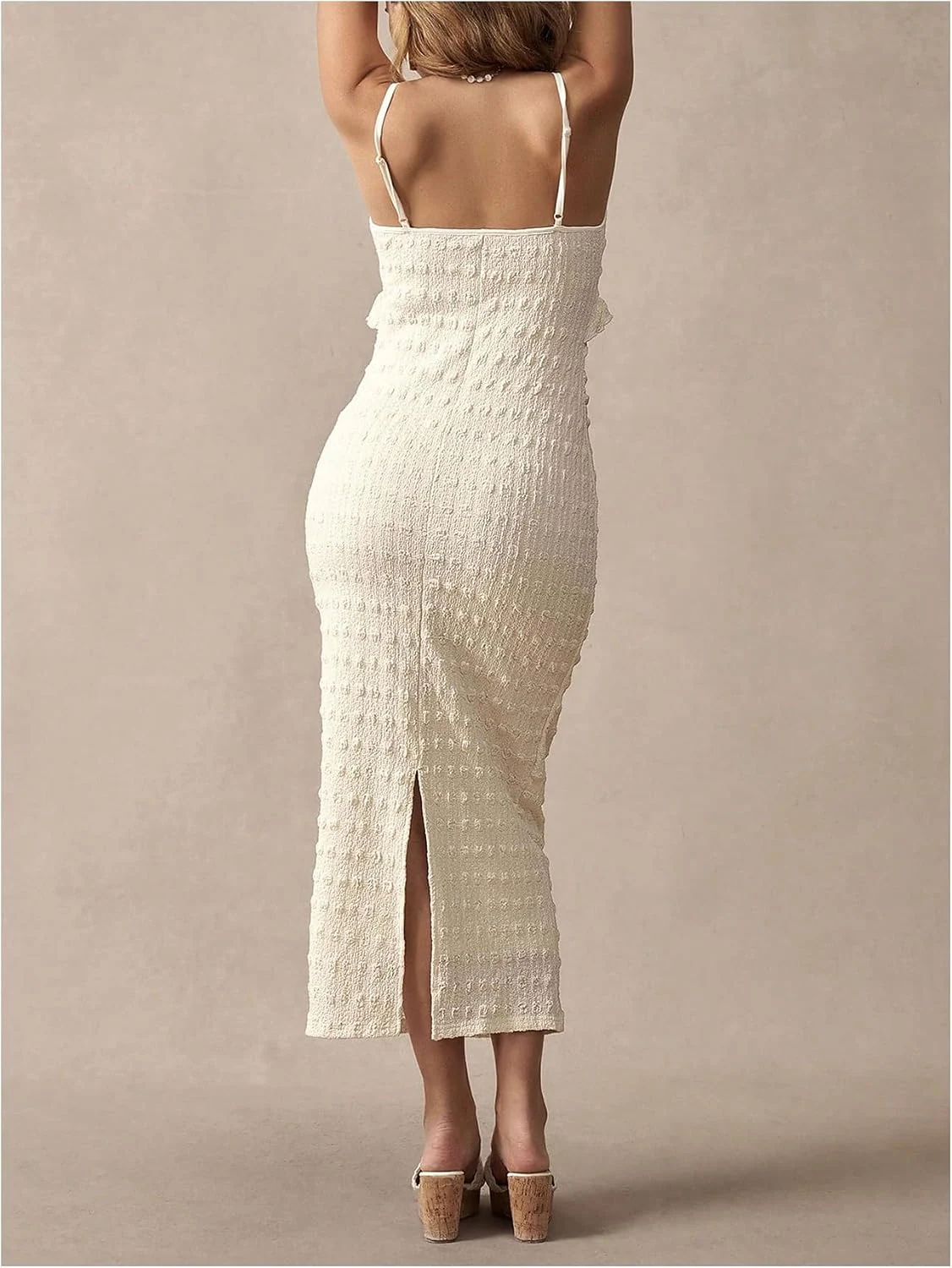 Maternity Textured Spaghetti Strap Dress Apricot by OYOANGLE, photograph 1 of 3