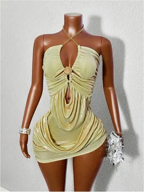 Glitter Criss Cross Halter Mini Bodycon Party Cami Dress in Gold