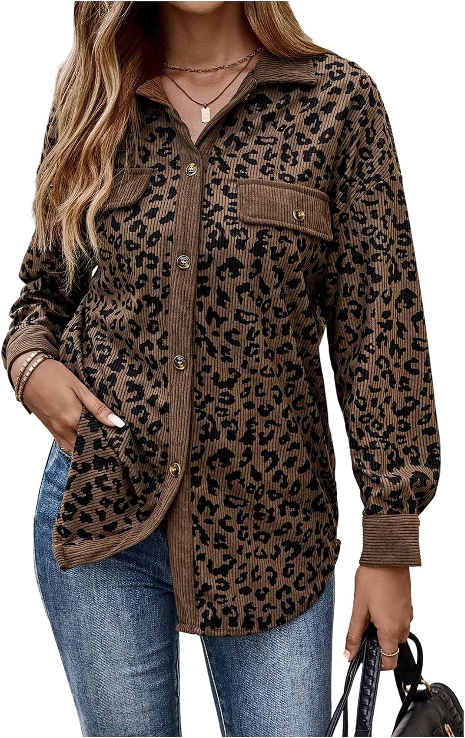 Cheetah Button Down Corduroy Jackets Long Sleeve Leopard Shacket by OYOANGLE, photograph 1 of 4