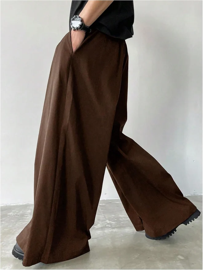 Baggy Dress Pants Wide Leg Pleated Loose Work Trousers Brown by OYOANGLE, photograph 2 of 3