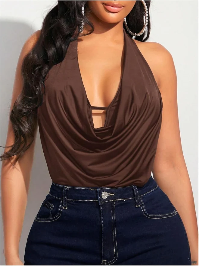 Draped Halter Bodysuits Backless Tank Top Bodysuit by OYOANGLE, photograph 4 of 4