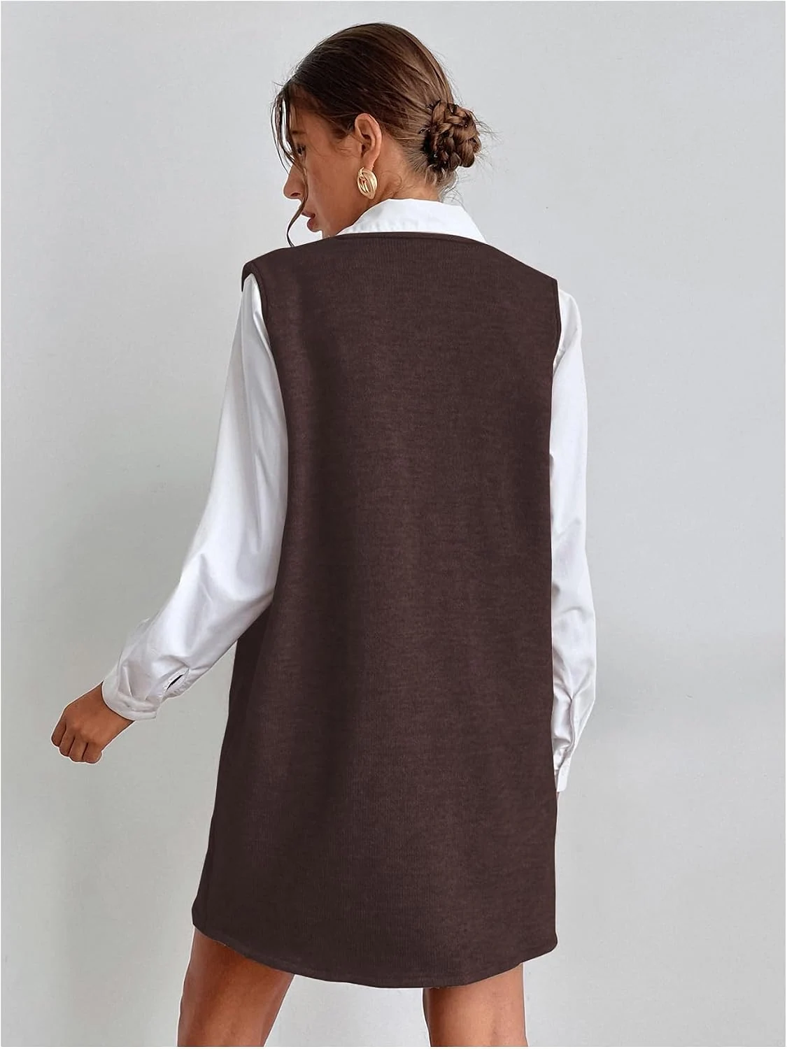 V Neck Sweater Vest Dress Sleeveless Fall Overall Dress by OYOANGLE, photograph 1 of 3