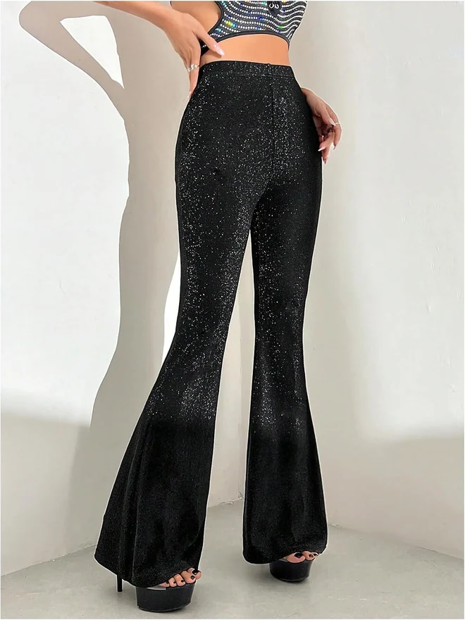 Glitter Flare Pants High Waisted Bell Bottom Sparkly Pants by OYOANGLE, photograph 3 of 3
