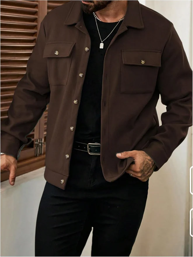 Long Sleeve Button Up Jacket Collared Neck Fall Shacket Coats by OYOANGLE, photograph 4 of 4