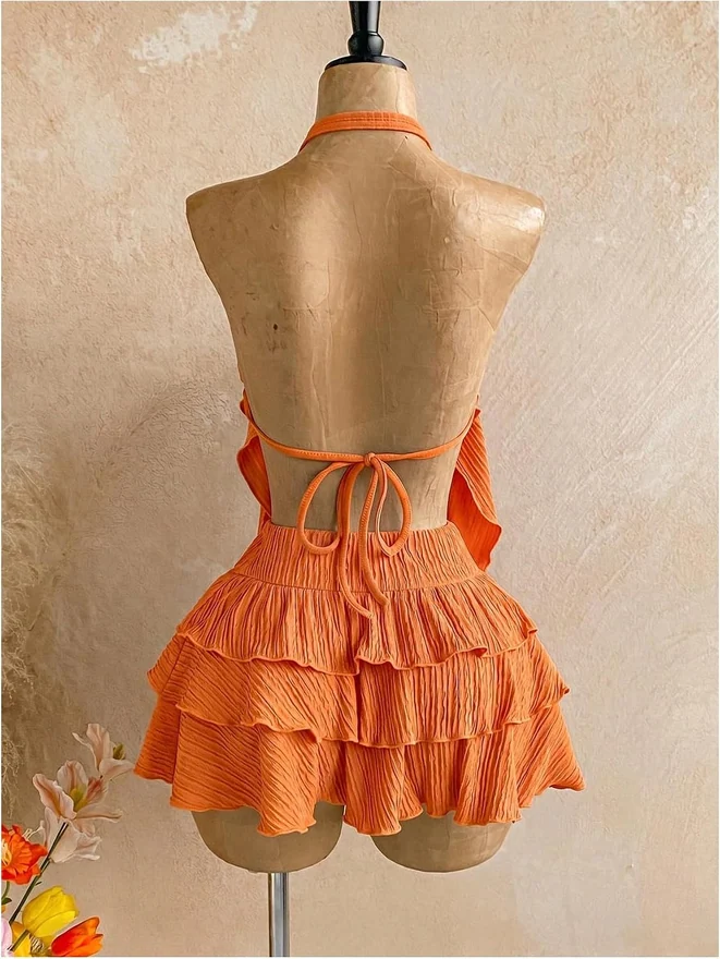 2 Piece Set Halter Deep V Neck Top and Layered Ruffle Mini Skirt by OYOANGLE, photograph 2 of 3