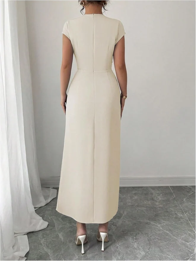 Cap Sleeve Belted Maxi Dress Apricot by OYOANGLE, photograph 2 of 3