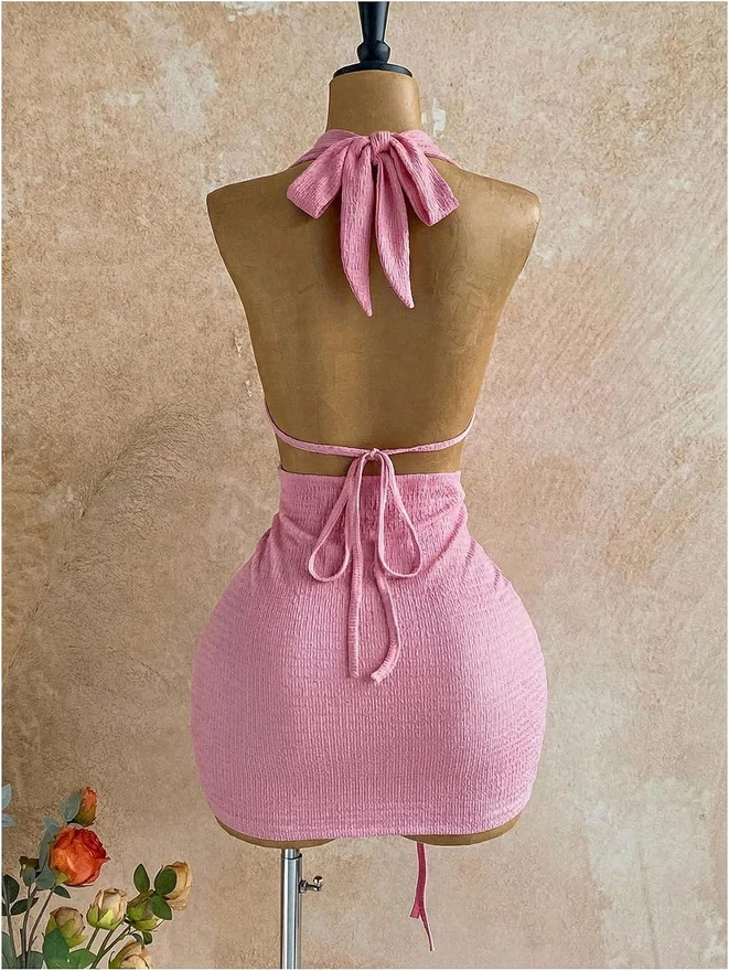 Y2K Halter Ring Linked Ruched Bodycon Mini Night Out Dress by OYOANGLE, photograph 2 of 3