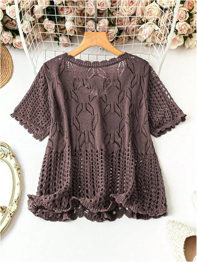 Plus Size Crochet Cardigans Short Sleeve Summer Sweaters by OYOANGLE, photograph 3 of 4