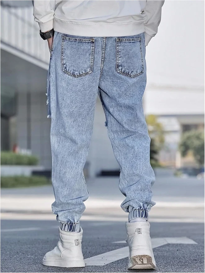 Cargo Joggers Pants Letter Patched Ripped Jeans Elastic by OYOANGLE, photograph 2 of 4
