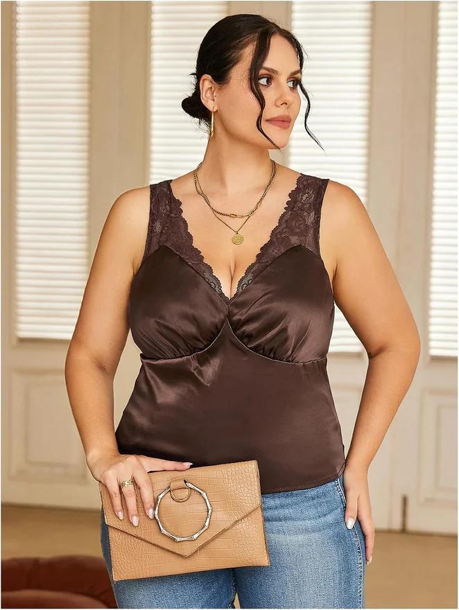 Plus Size V Neck Satin Tank Top Lace Trim Ruched Blouse by OYOANGLE, photograph 2 of 3
