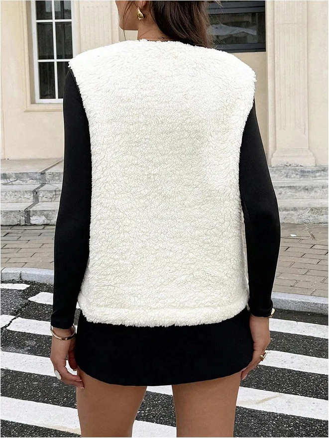 Bow Tie Front Fuzzy Vest V Neck Sleeveless Coat Fall Outfits by OYOANGLE, photograph 2 of 4