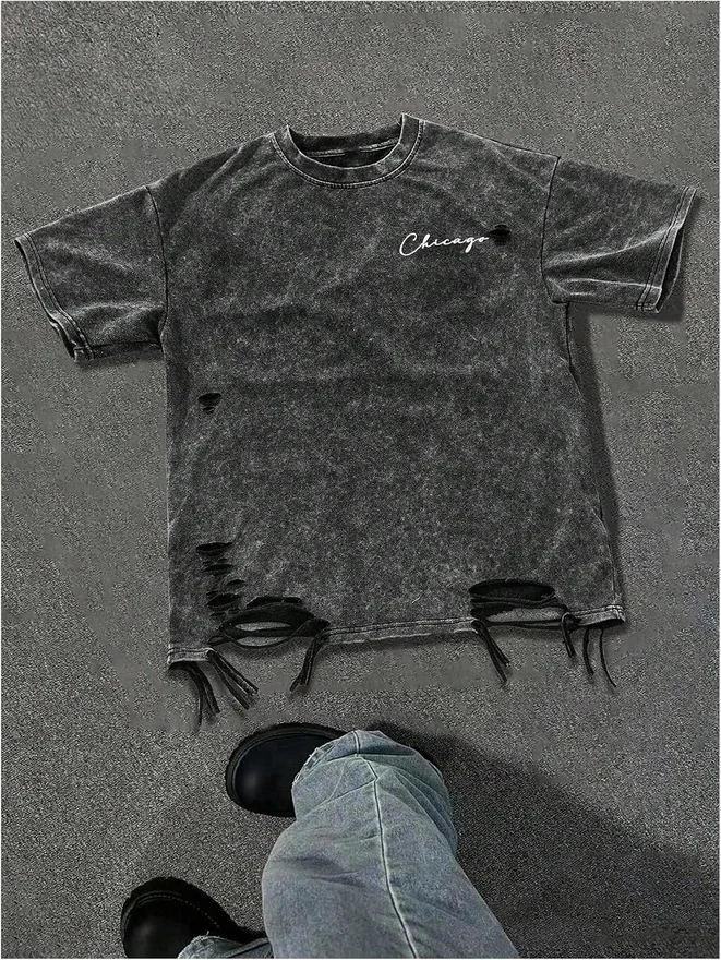 Ripped Washed Tee Shirt Crewneck Short Sleeve Distressed Grunge by OYOANGLE, photograph 4 of 4
